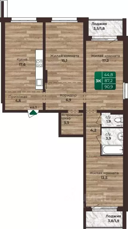 3-к кв. Алтайский край, Барнаул ул. 6-я Нагорная, 15в/к1 (90.9 м) - Фото 1