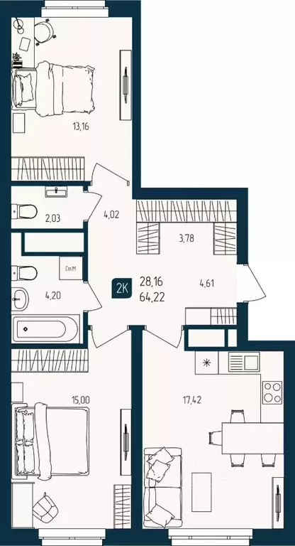 2-к кв. Тюменская область, Тюмень  (64.22 м) - Фото 0