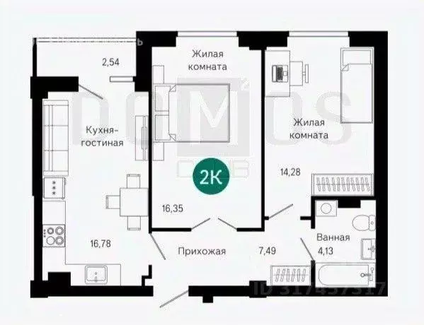 Квартира, 2 комнаты, 58 м - Фото 0