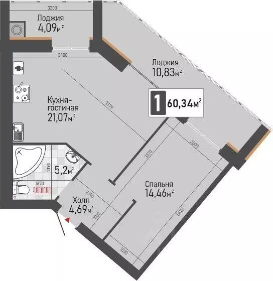 1-к кв. Рязанская область, Рыбное ул. Крымская, 15 (60.34 м) - Фото 1