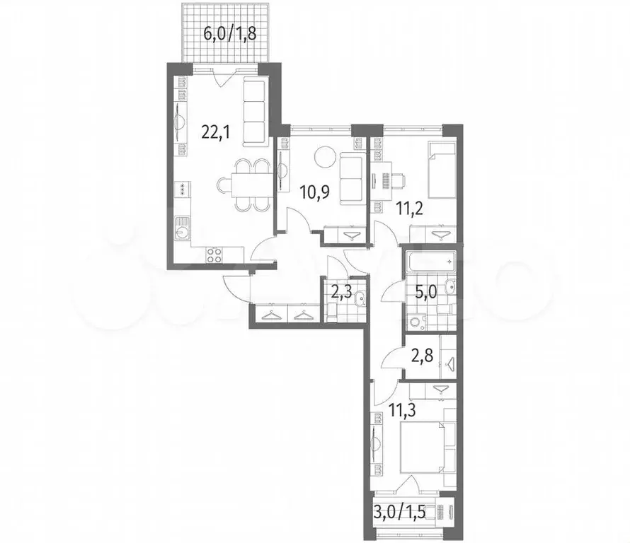 3-к. квартира, 81,8м, 2/7эт. - Фото 1