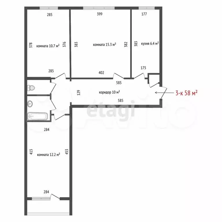 3-к. квартира, 58 м, 8/9 эт. - Фото 1