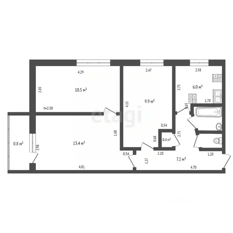 3-к кв. Башкортостан, Стерлитамак Железнодорожная ул., 4 (59.3 м) - Фото 2