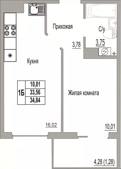 1-к квартира, 34.84 м - Фото 0
