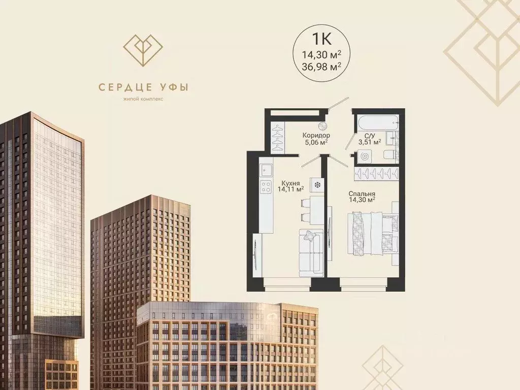 1-к кв. Башкортостан, Уфа Сердце Уфы жилой комплекс (36.98 м) - Фото 1