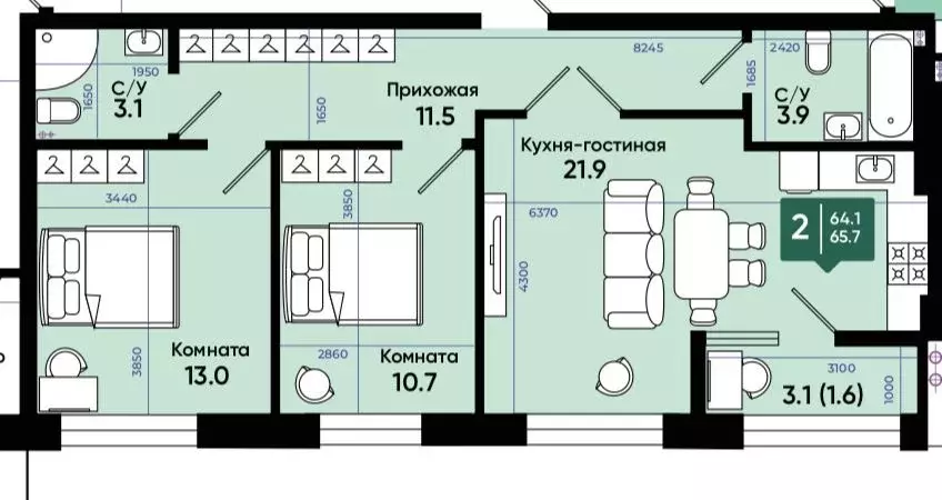 Продаётся 2-к квартира, 66.2 м - Фото 0