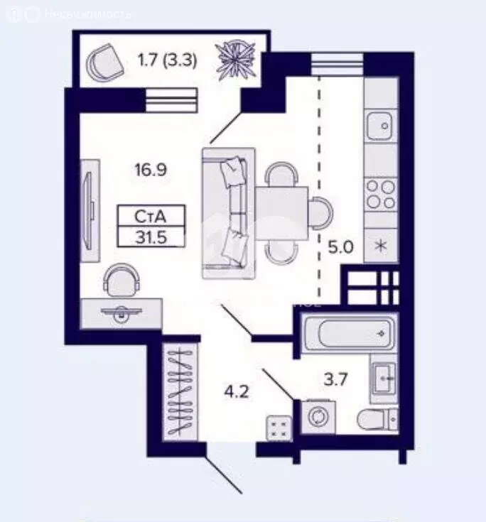 Квартира-студия: Новосибирск, улица Петухова, 162/1 (32.6 м) - Фото 1