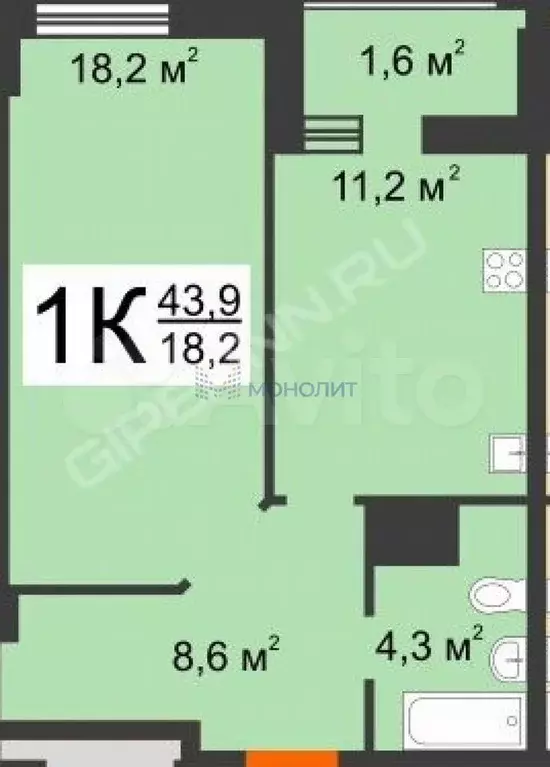 1-к. квартира, 44 м, 8/17 эт. - Фото 0