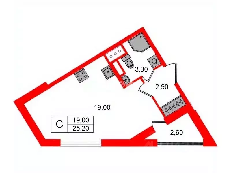 Студия Санкт-Петербург ул. Тосина, 6 (25.2 м) - Фото 2
