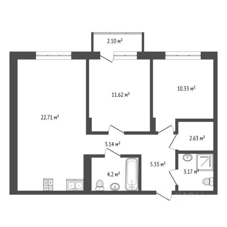 2-к кв. Тюменская область, Тюмень ул. Сергея Свиридова, 11к2 (65.23 м) - Фото 2
