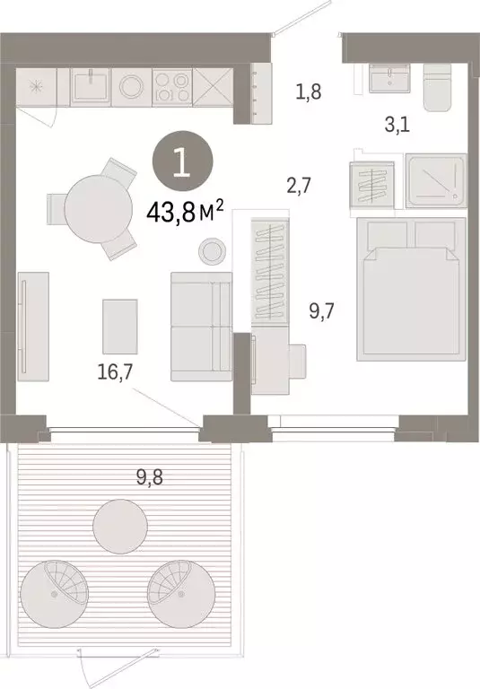 1-комнатная квартира: Тюмень, Мысовская улица, 26к2 (43.8 м) - Фото 0