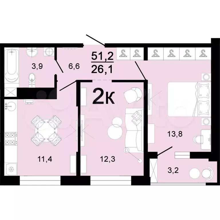 2-к. квартира, 52 м, 1/8 эт. - Фото 1