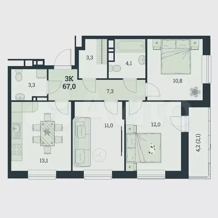 4-к. квартира, 67 м, 3/8 эт. - Фото 0