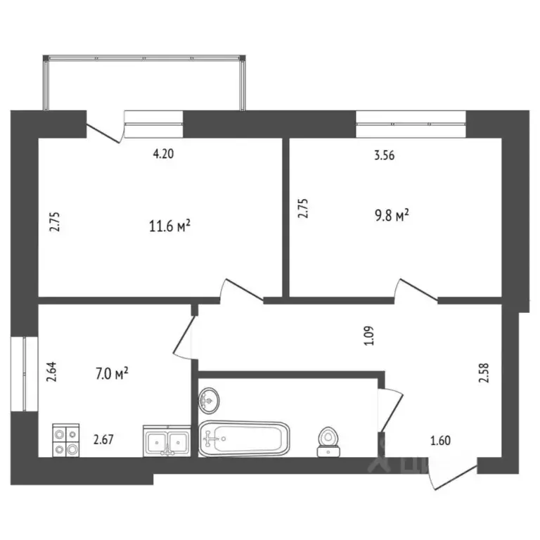 2-к кв. Тюменская область, Тюмень Казарово мкр, ул. Казаровская, 1Б ... - Фото 1