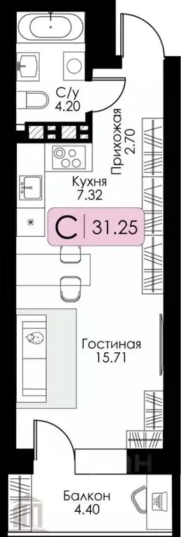 1-к кв. Тверская область, Тверь ул. Коминтерна, 95К (31.3 м) - Фото 1