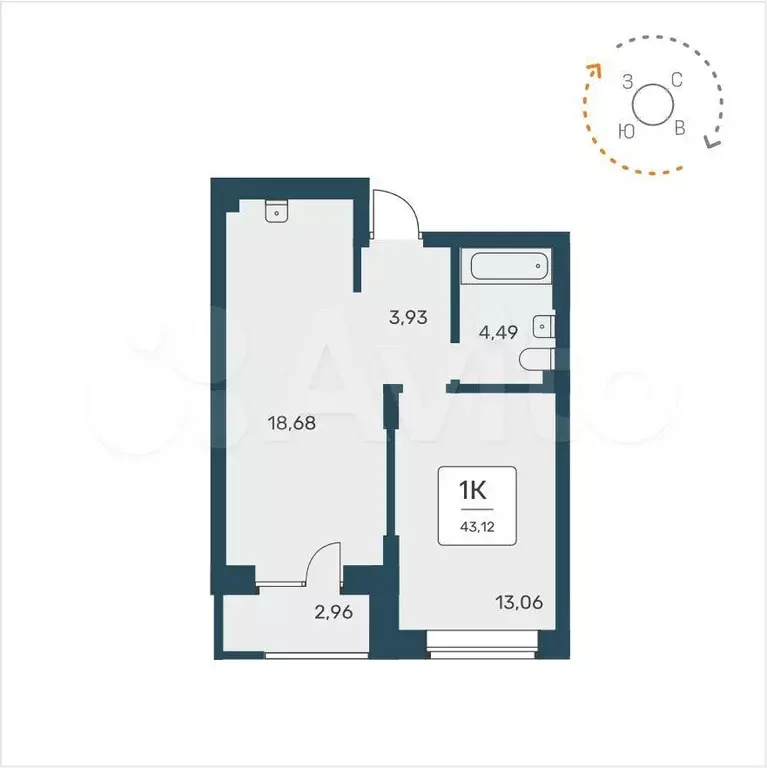 1-к. квартира, 43,1 м, 9/9 эт. - Фото 0