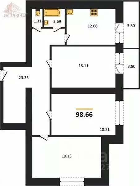 3-к кв. Воронежская область, Воронеж пер. Здоровья, 90Г/1к1 (98.66 м) - Фото 1