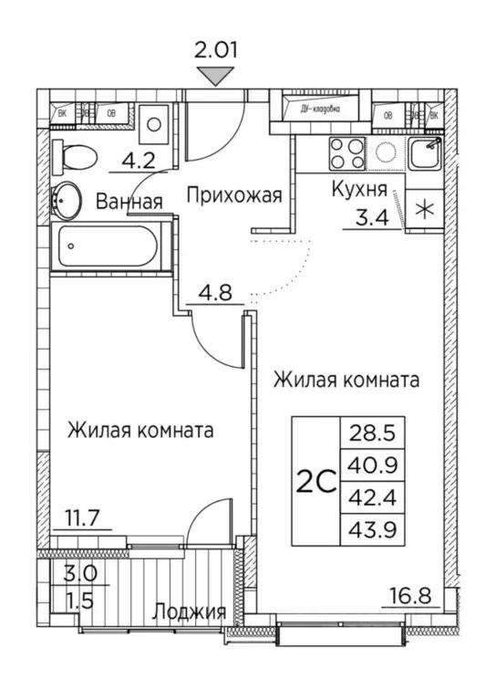 2-к кв. Приморский край, Владивосток ул. Расула Гамзатова, 7к2 (43.9 ... - Фото 0