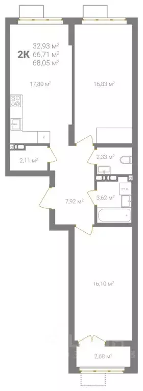 2-к кв. Нижегородская область, Нижний Новгород Ветеринарная ул. (68.05 ... - Фото 2