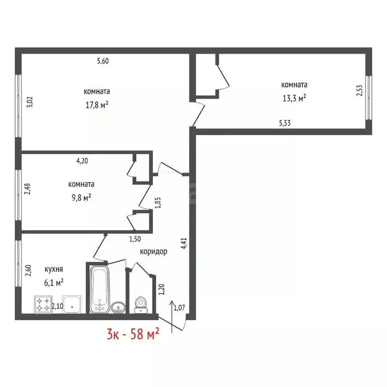 3-к кв. Свердловская область, Екатеринбург ул. Луначарского, 53А (58.0 ... - Фото 2