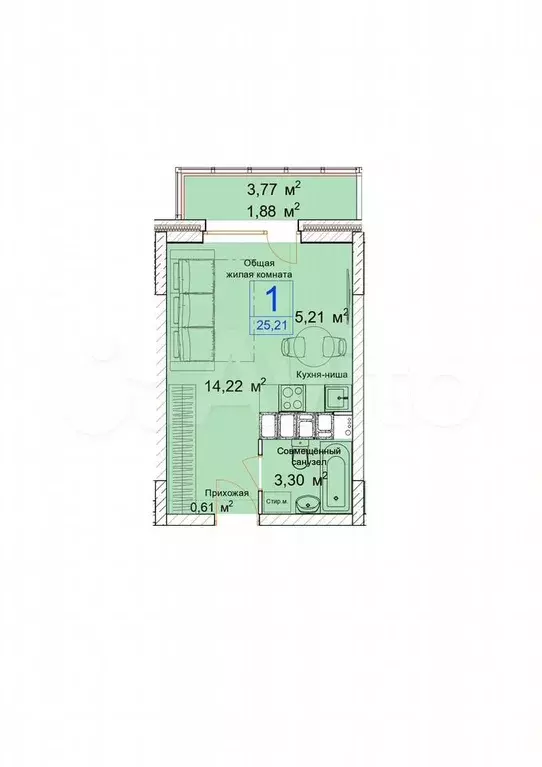 Квартира-студия, 25,3 м, 5/19 эт. - Фото 0