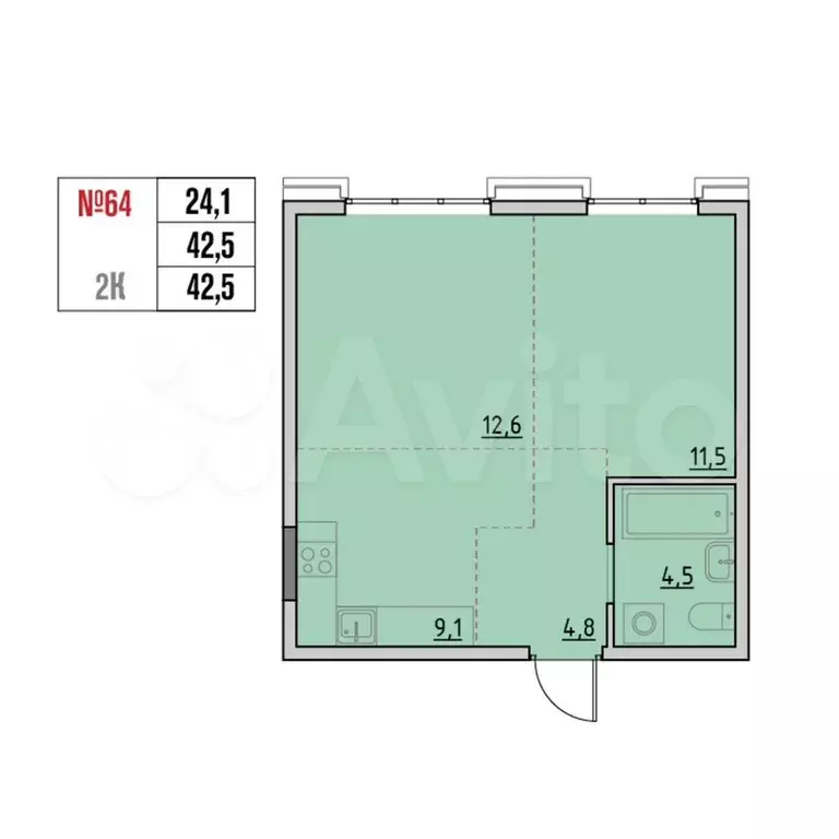 2-к. квартира, 42,3 м, 8/9 эт. - Фото 0