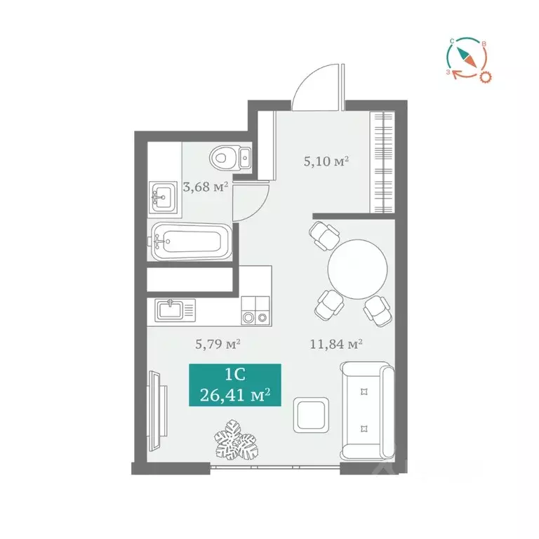 Студия Тюменская область, Тюмень ул. Алматинская, 10 (26.41 м) - Фото 1