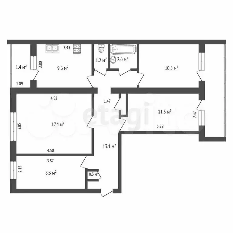 4-к. квартира, 75,3 м, 5/9 эт. - Фото 0