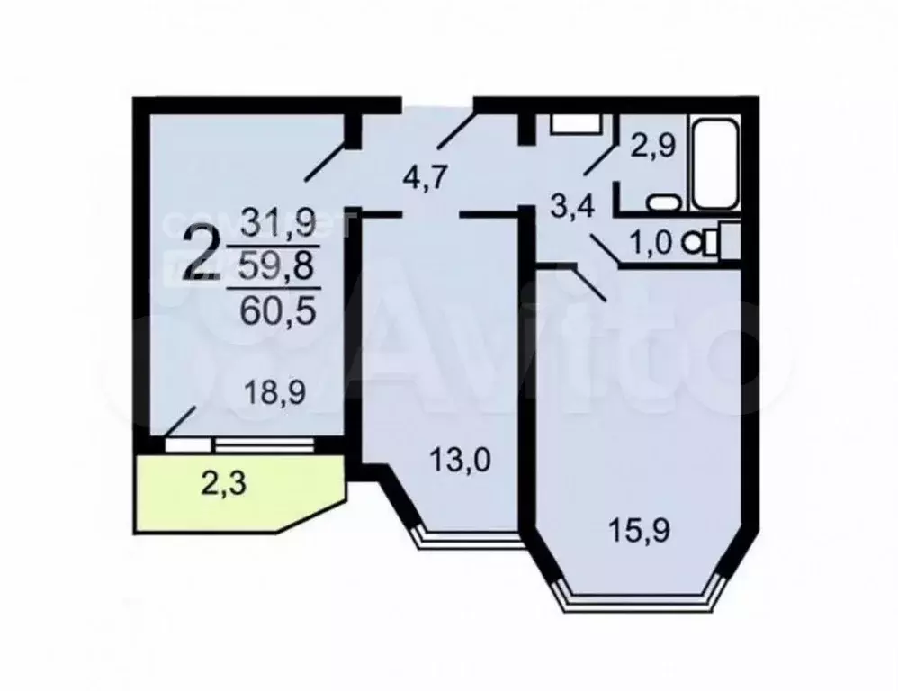 2-к. квартира, 58,5 м, 9/24 эт. - Фото 0