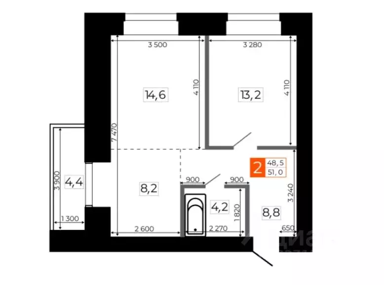2-к кв. Амурская область, Благовещенск Литейная ул., 33 (51.2 м) - Фото 1