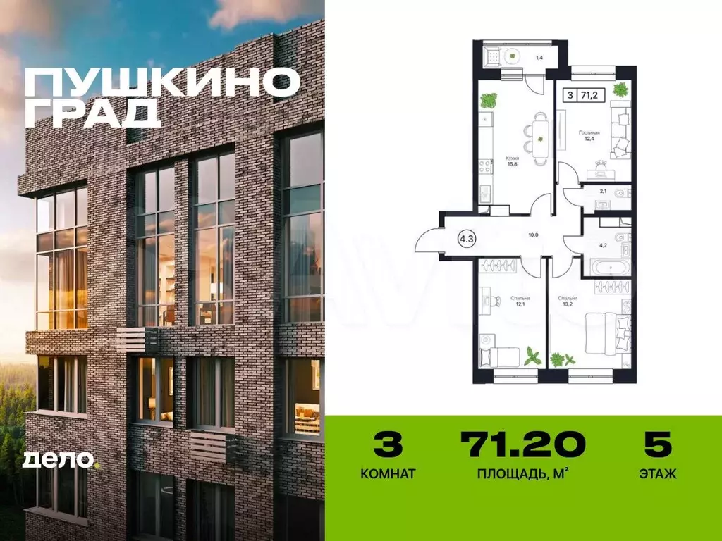 3-к. квартира, 71,2 м, 5/17 эт. - Фото 0