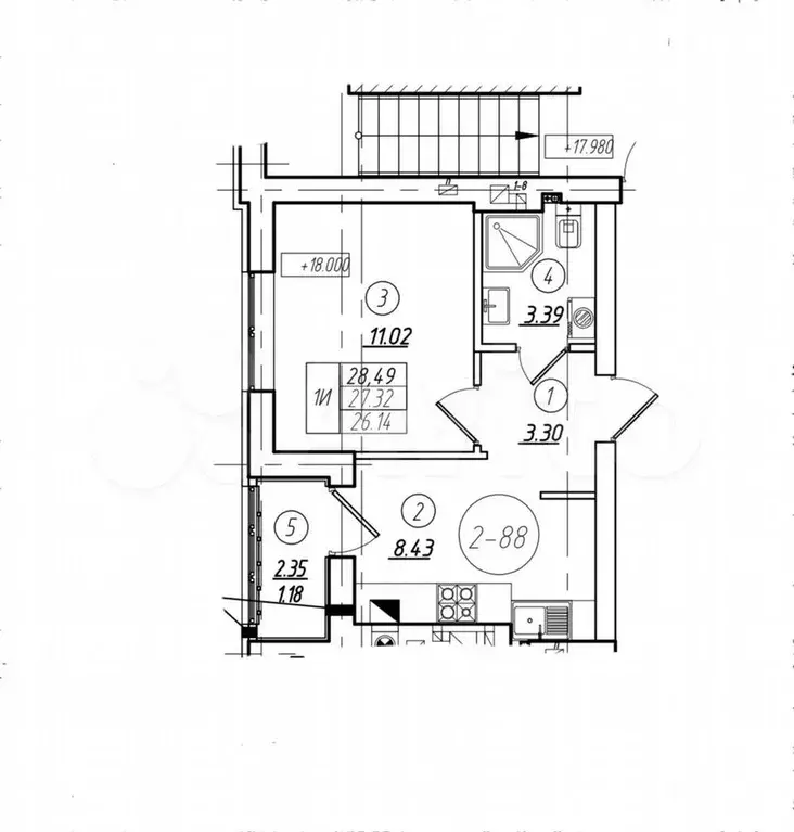 1-к. квартира, 28,5 м, 4/8 эт. - Фото 1