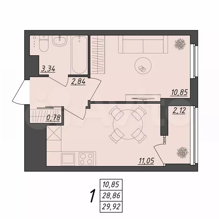 1-к. квартира, 29,9 м, 3/10 эт. - Фото 0
