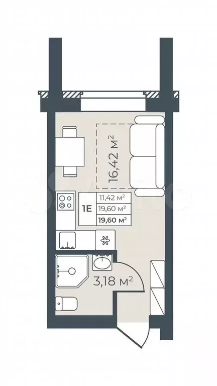 1-к. квартира, 19,6 м, 1/9 эт. - Фото 0