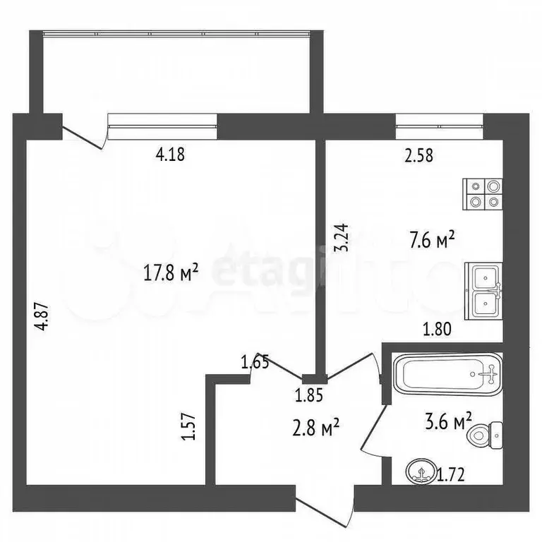 1-к. квартира, 32,3 м, 3/5 эт. - Фото 0