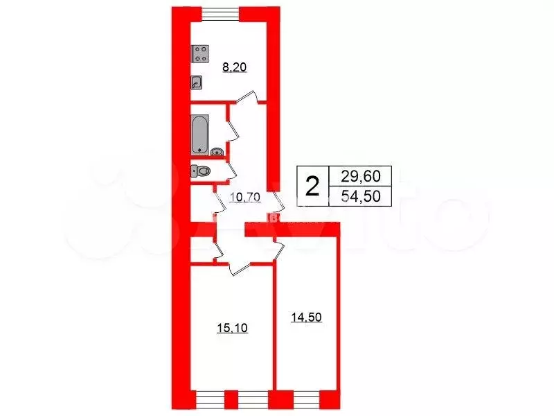 2-к. квартира, 54,5 м, 1/5 эт. - Фото 0