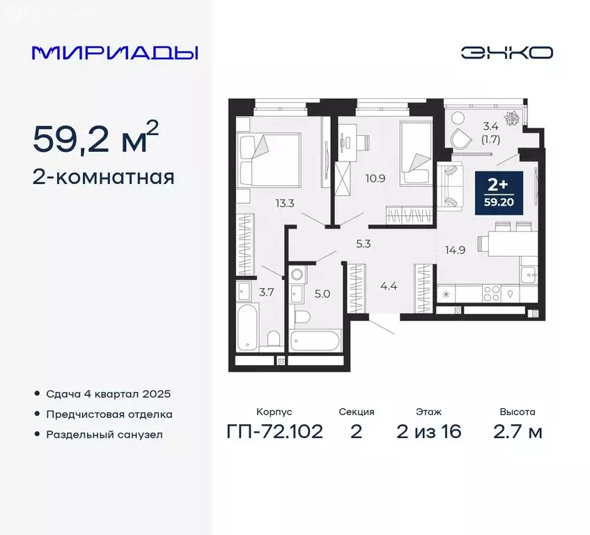 2-комнатная квартира: Тюмень, жилой комплекс Мириады (59.2 м) - Фото 0