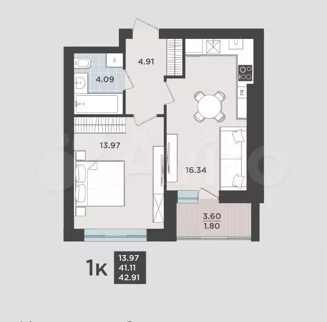 1-к. квартира, 41,1 м, 5/9 эт. - Фото 1