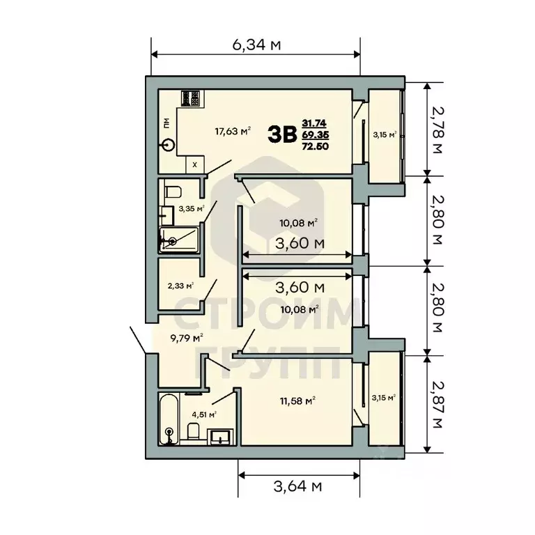 3-к кв. Владимирская область, Ковров ул. Строителей, 43/1 (72.5 м) - Фото 1