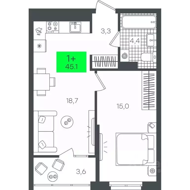 1-к кв. Тюменская область, Тюмень ул. Василия Малкова, 19 (45.18 м) - Фото 1