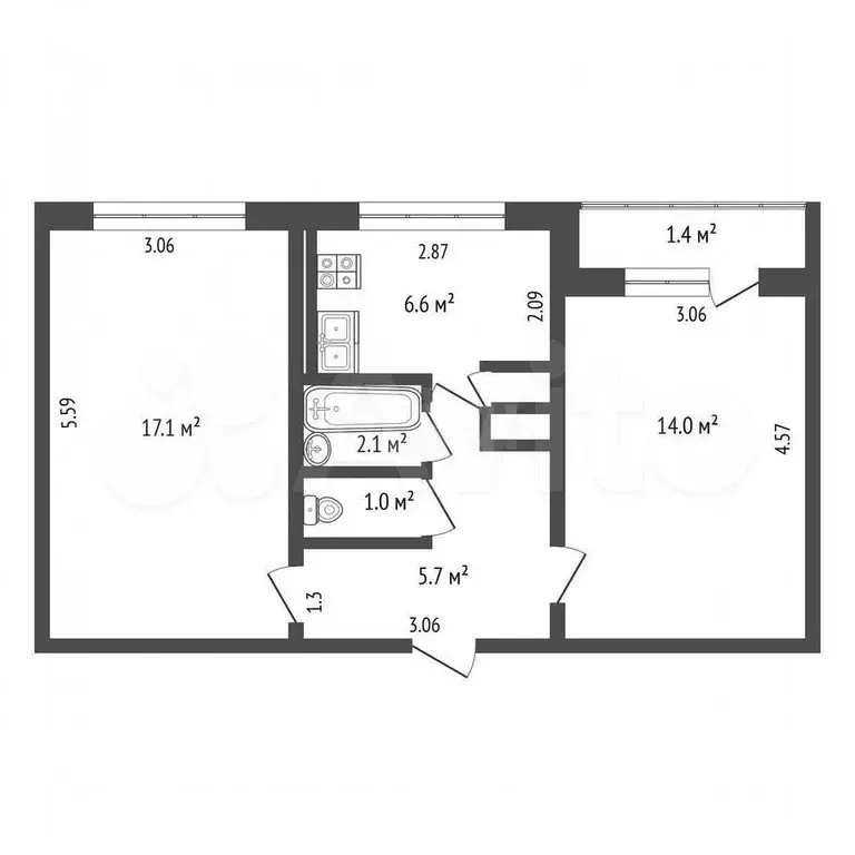 2-к. квартира, 47,1 м, 1/5 эт. - Фото 0