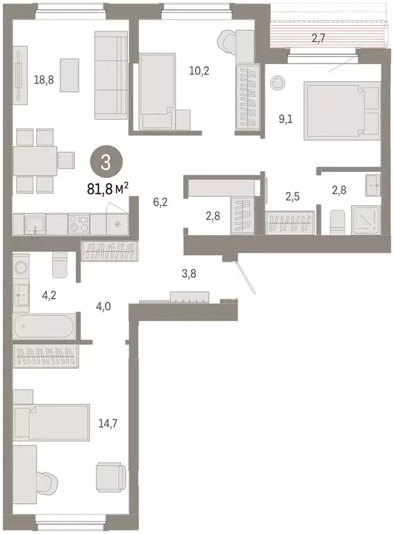 3-к кв. Омская область, Омск  (81.84 м) - Фото 2