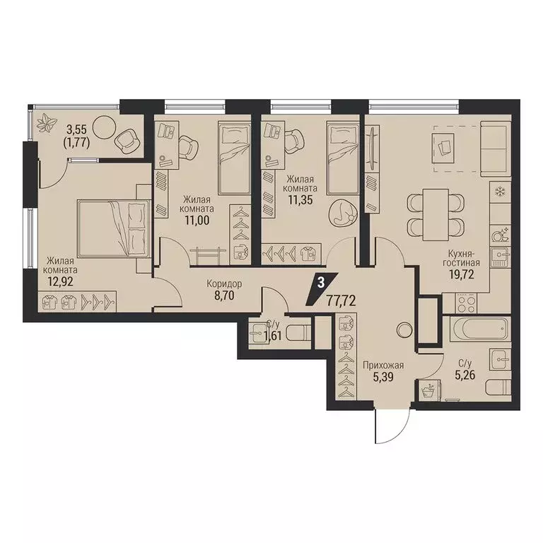 3-комнатная квартира: Екатеринбург, проспект Космонавтов, 100 (77.72 ... - Фото 0