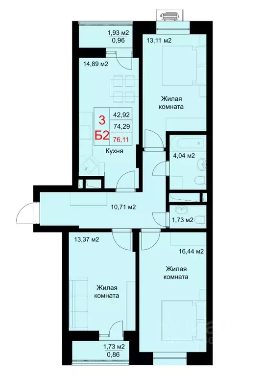 3-к кв. Татарстан, Казань ул. Рауиса Гареева, 78Б (76.11 м) - Фото 0
