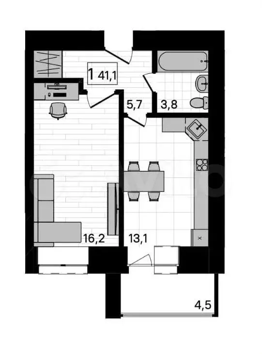 1-к. квартира, 40,7 м, 6/10 эт. - Фото 1