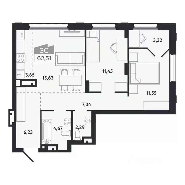 3-к кв. Томская область, Томск Черемошники мкр, ул. Бердская, 14/3 ... - Фото 1