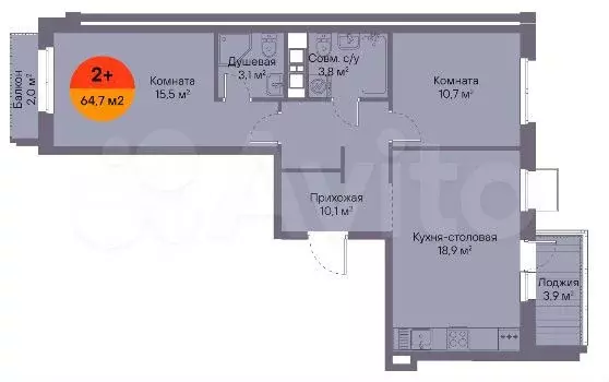 2-к. квартира, 64 м, 2/16 эт. - Фото 1