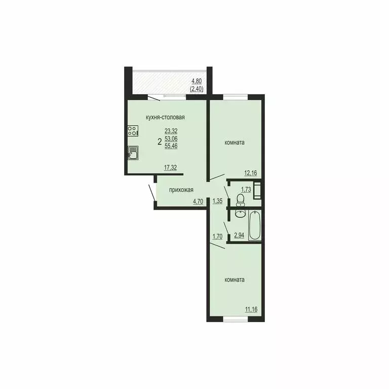 2-комнатная квартира: Западный, улица Дружбы, 6 (55.46 м) - Фото 0