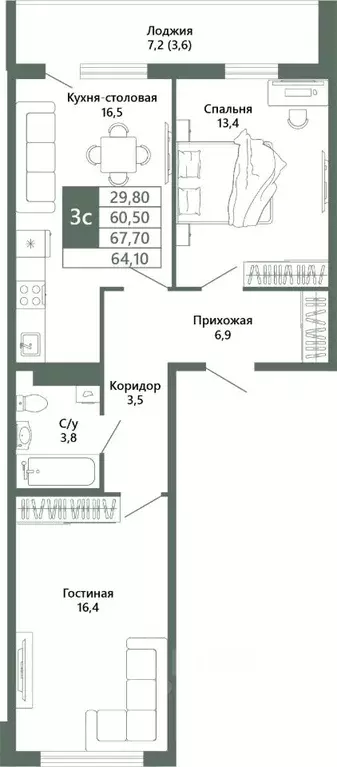 2-к кв. Кемеровская область, Кемерово 64-й мкр, Лучи жилой комплекс ... - Фото 2