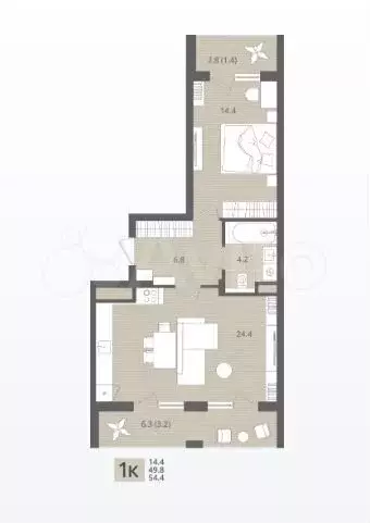 1-к. квартира, 54,4 м, 4/7 эт. - Фото 1